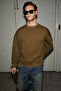 Coyotes men's crew neck kangaroo pocket organic cotton regular fit dark khaki sweatshirt - 2