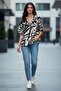 Women's Black Beige Patterned Oversize Short Sleeve Shirt, Relaxed Fit Summer Shirt - 5
