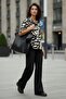 Women's Black Beige Patterned Oversize Short Sleeve Shirt, Relaxed Fit Summer Shirt - 6