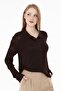 Women's Soft-Textured Gül Patterned Lace Knitted Polo Neck Knitwear Blouse 953 Brown - 2