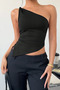 Women's Black One-Shoulder Blouse Asymmetrical Cut Stretch Fabric Cropped Stylish and Modern Design - 4