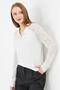 Women's Soft-Textured Rose Patterned Lace Knitted Polo Neck Knitwear Blouse 953 Ecru - 3