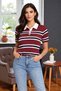 Women's Burgundy Striped Polo Neck Knitwear Short Sleeve Blouse