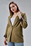 Dark Khaki Leopard Sleeve Fold Detailed Regular Padded Shoulders Blazer Jacket - 7