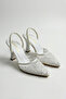 Women's White Tulle Mesh Bead Embroidered Stiletto Open Back Evening Dress Pointed Toe Heeled Shoes - 3