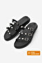 Women's Genuine Leather Three-Stripe Studded Casual Shoes Slipper Zoven Black Silver - 3