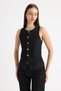 Black Washed Front and Hem Seam Detail Stretch Fabric Pants and Sleeveless Button Detailed Blazer Jacket Set - 5