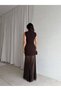 Women's Brown High Neckline and V-Neck with Tulle Detail Evening Dress - 3
