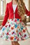 Girl's Square Collar Combed Cotton Blouse with Butterfly Brooch Red Jacket Rose Patterned Puffy Skirt Set - 6