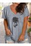 Women's Gül Printed V-Neck Sleeved Regular Fit T-Shirt