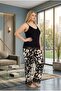 New Season Women's Black Strappy Patterned Special Design Summer Large Size (Oversized) Pajama Set - 6