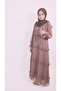 Qirfa- Attractive Chiffon Lined Ruffles Detail Maxi Dress with Puffed Sleeves- Pastel Brown - 8