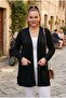 Women's Black Plus Size Stripe Detailed and Pocketed Plus Size Side Slit Stretchy Open Front Cardigan
