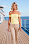 Women's Blouse Carmen Collar Low Short Sleeve Fitted Bodycon Knitted Striped Ruched Ribbed Knit Regular Length