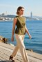 Women's Blouse Crew Neck Sleeveless Woven Belt Pack Regular Fit Color Day and Night Use - 3