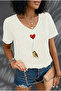 Women's V-Neck White/Black Printed T-Shirt Loose Fit Oversized