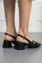 Black Women's Pointed Toe Open Back 4 cm Thick Short Heeled Shoes Gz85Nav - 3