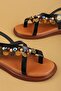 Genuine Leather Vaketa Flip Flops with Decorations Sandals Crm.305 Black - 3