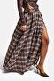 Women's Coffee Plaid S6-14 Maxi Length Cotton Skirt with Slit Detail