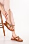 Genuine Leather Vaketa Flip Flops with Decorations Sandals Crm.305 Tan - 5
