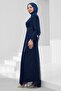 Navy Blue Waist Detailed Fish Model Guipure Lace Evening Dress - 4