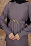Gray Chain Belted Corded Fabric Long Dress - 3