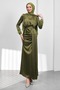 Khaki Belt Piece Fish Model Satin Evening Dress with Draped Front