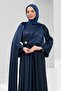 Navy Blue Shoulder Shawl Detailed Brooched Satin Evening Dress - 2
