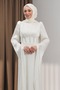 Ecru Sleeve Detail Fish Model Stone Evening Dress - 3