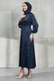 Navy Blue Stoned Belted Satin Evening Dress - 4