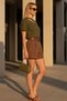 Women's Khaki Corded Fabric T-Shirt Blouse Asymmetrical-Crew Neck Detailed Soft-Textured Relaxed Cut Casual Stylish Blouse - 3