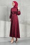Burgundy Stoned Belted Satin Evening Dress - 4
