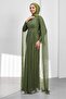 Khaki Shoulder Cape Draped Guipure Lace Evening Dress - 4