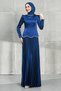 Navy Blue Waist Stone Detailed Skirt Pleated Satin Evening Dress