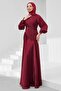 Burgundy Draped Front Balloon Sleeve Sparkling Evening Dress - 2