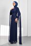 Navy Blue Shoulder Cape Draped Guipure Lace Evening Dress - 4