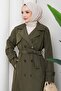 معطف طويل بأزرار وحزام باللون الكاكي HM2891 - 8