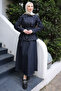 Navy Blue Belted Double Pocketed Jacket and Skirt Set
