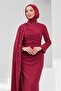 Burgundy Stone Embellished Cape Evening Dress - 2