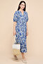 Printed Midi Dress with V-Neck and Puff Sleeves
