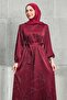 Burgundy Stoned Belted Satin Evening Dress - 2