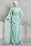 Mint Green Cape and Rose Detailed Chiffon Evening Dress