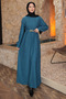 Petrol Green Chain Belted Corded Fabric Long Dress - 4