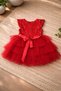 Red, sequined, layered fluffy, Lined, ribboned, Invisible Zipper piece, girl's evening dress - 3
