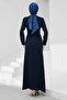 Navy Blue Draped Front Evening Dress with Stones - 5