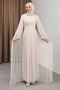 Beige Shoulder Cape Draped Guipure Lace Evening Dress