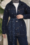 Navy Blue Stoned Denim Jacket and Trousers Set - 4