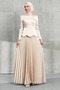 Beige Waist Stone Detailed Skirt Pleated Satin Evening Dress