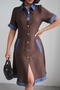 Women's Denim Detailed Buttoned and Collared Short Sleeve Pocketed Dress - 6