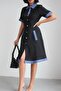 Women's Denim Detailed Buttoned and Collared Short Sleeve Pocketed Dress - 6